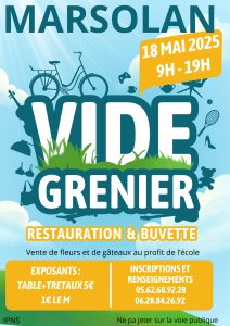 Retrouvez-nous au vide grenier de Marsolan ce dimanche 18 mai 2025 de 09h00 à 19h00